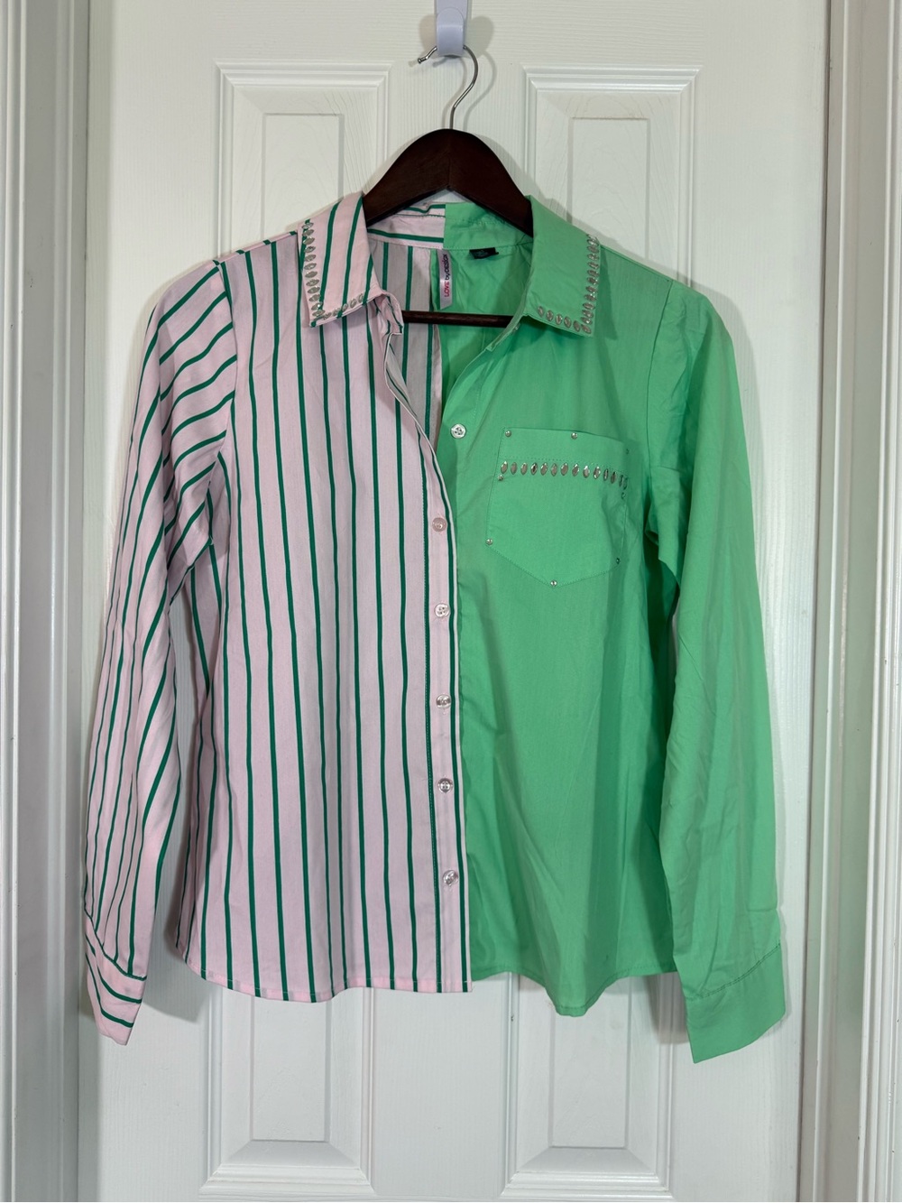 Love By Design Mint Green & Light Pink Striped Two-Tone Button Down Shirt Size S